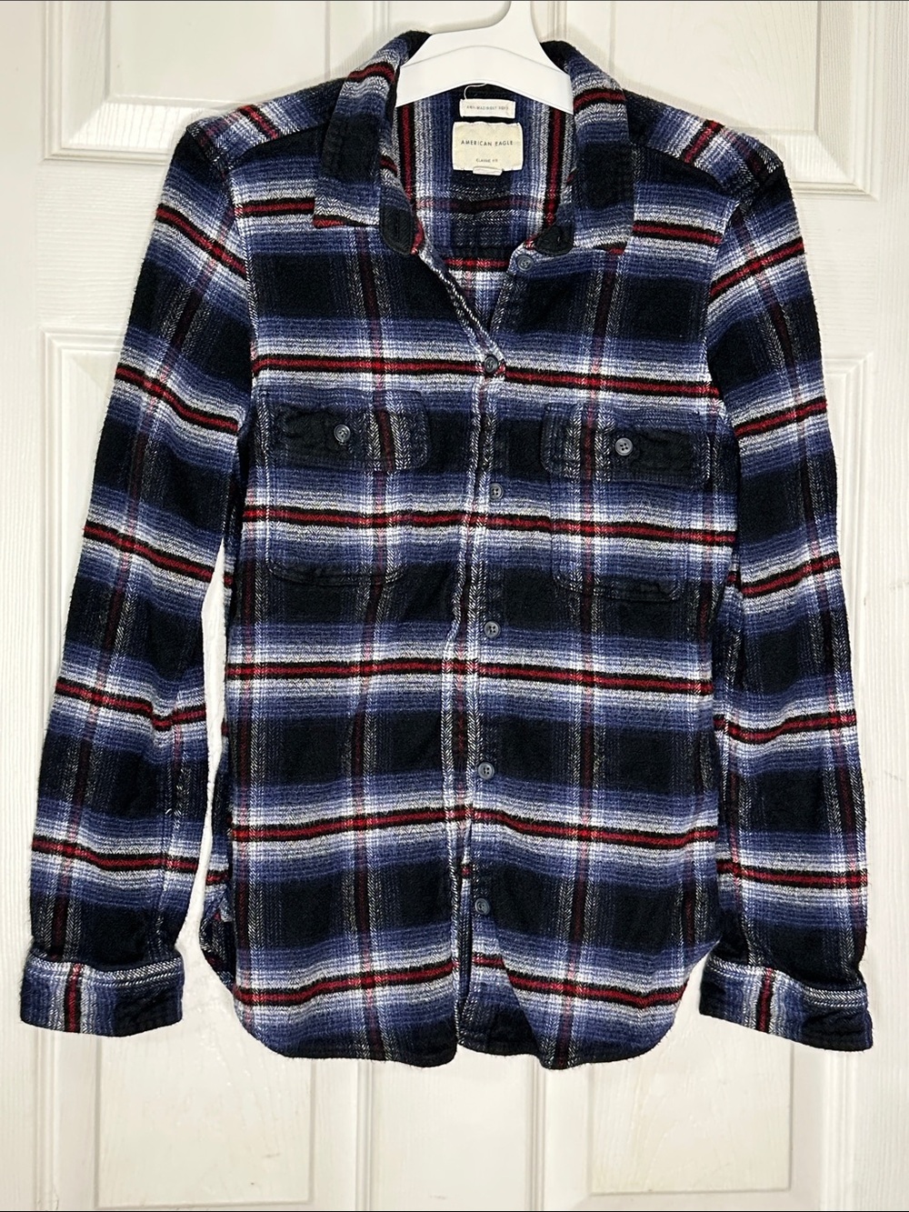 American Eagle Outfitters Blue, Black & Red Plaid Button-Up Jacket
